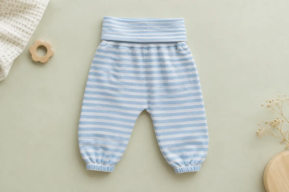 Pantalon bouffant bébé en coton interlock rayé bleu et blanc, posé à plat sur un fond crème