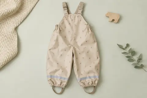 Pantalon de pluie beige à motifs géométriques avec bretelles réglables et bandes réfléchissantes
