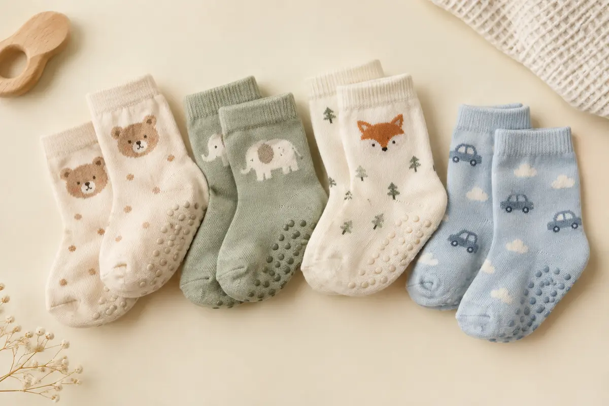 Quatre paires de chaussettes bébé illustrées, avec une maille souple et des picots antidérapants sous les semelles.