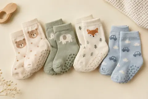 Quatre paires de chaussettes bébé illustrées, avec une maille souple et des picots antidérapants sous les semelles.