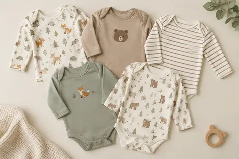 Cinq bodies bébé en coton à manches longues, aux motifs d’animaux, d’ours et de rayures, disposés à plat.