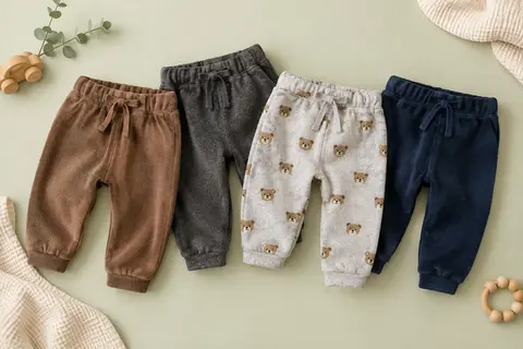 Quatre pantalons pour bébé en teintes brunes, grises et bleu marine, dont un avec un imprimé ours.