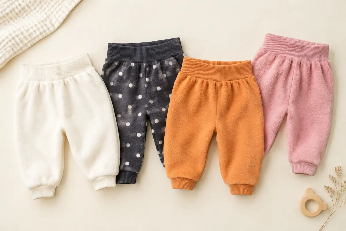 Quatre pantalons bébé en coton à finition polaire, avec taille côtelée et poignets bandés
