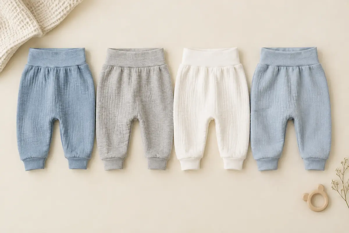 Quatre pantalons en coton pour bébé, aux coloris bleu, gris et blanc, posés à plat sur un fond crème