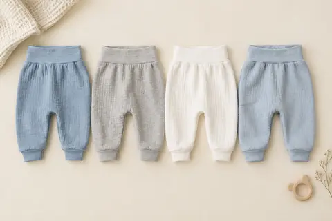 Quatre pantalons en coton pour bébé, aux coloris bleu, gris et blanc, posés à plat sur un fond crème