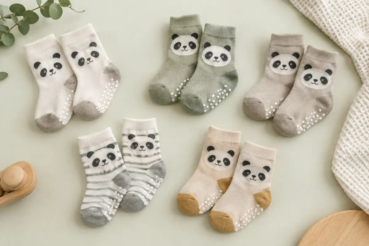 Cinq paires de chaussettes bébé à motif panda avec picots antidérapants sous la semelle