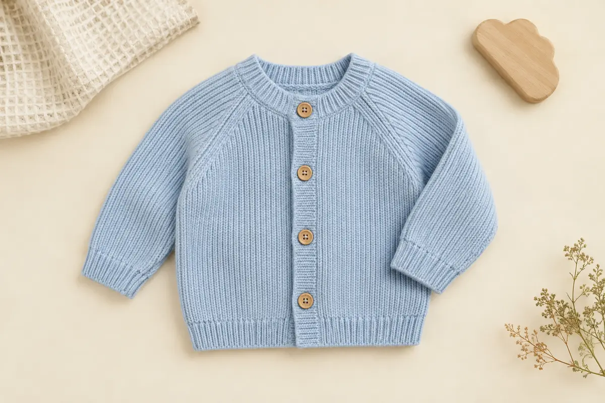 Cardigan bébé en coton côtelé bleu ciel, plié à plat avec ses manches raglan et ses boutons en bois