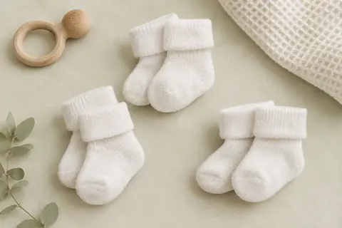 Trois paires de chaussettes de naissance blanches en maille peluche, pliées sur un fond crème