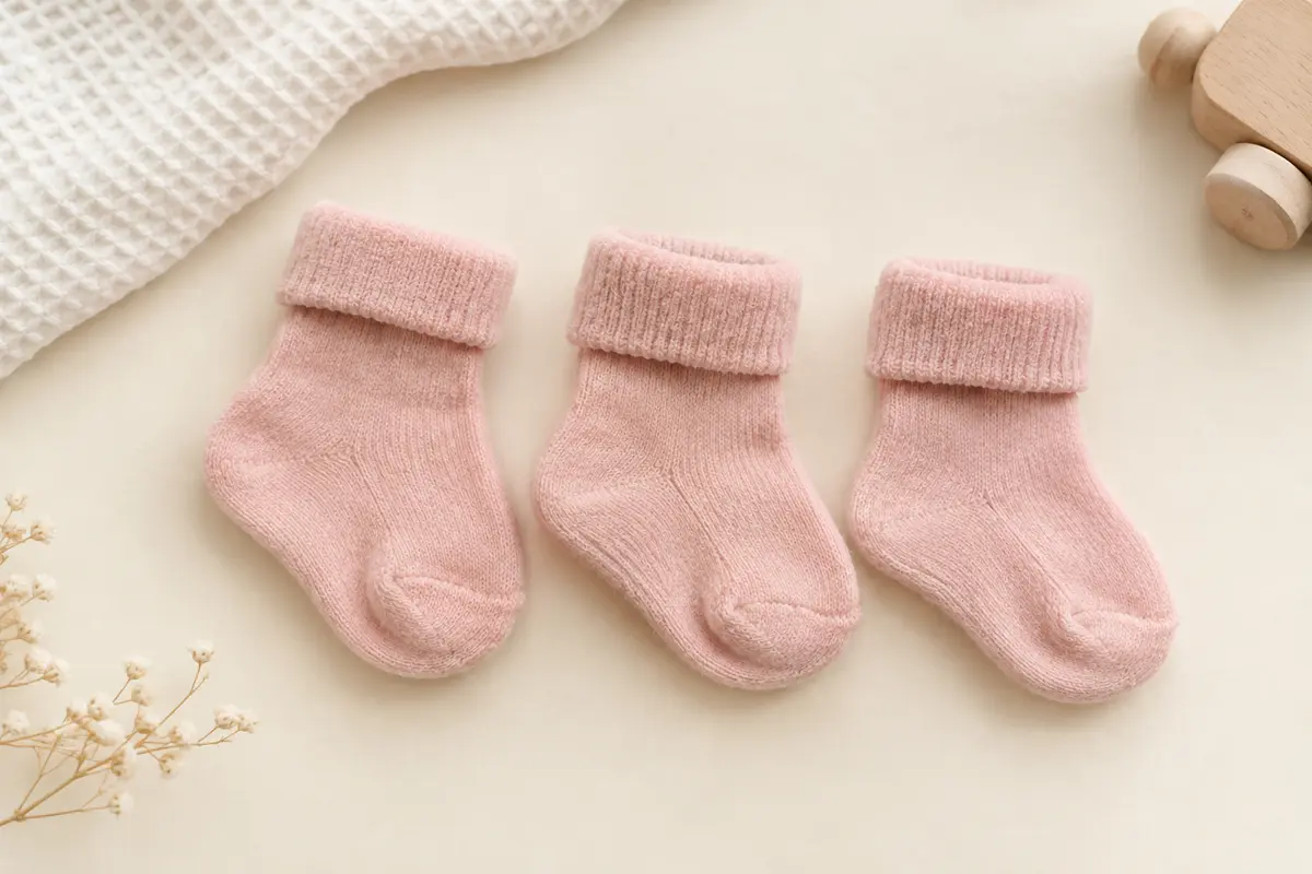 Trois chaussettes bébé roses à maille douillette, posées à plat sur un fond crème avec du coton gaufré.
