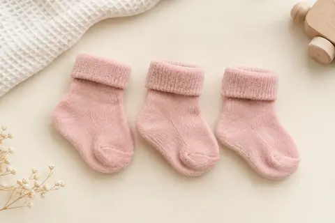 Trois chaussettes bébé roses à maille douillette, posées à plat sur un fond crème avec du coton gaufré.