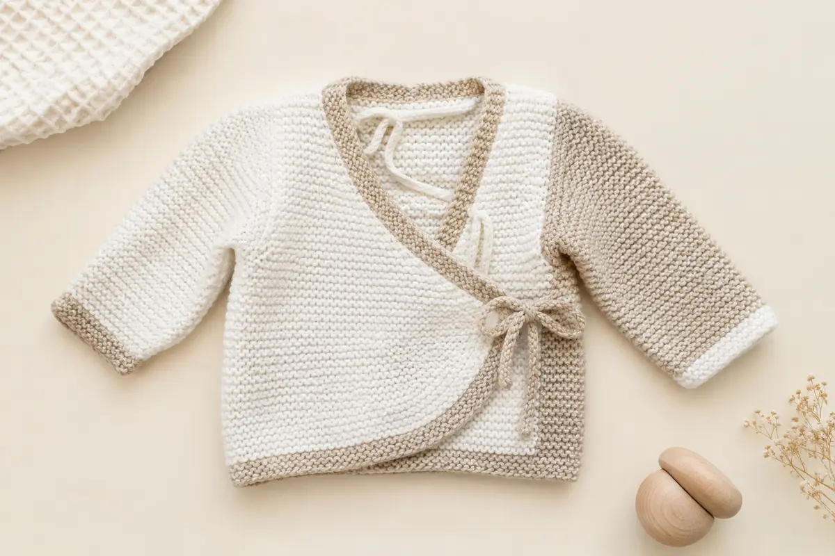 Brassière bébé en point mousse blanc et beige, à ouverture cache-cœur et liens intérieurs, posée à plat.