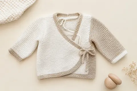 Brassière bébé en point mousse blanc et beige, à ouverture cache-cœur et liens intérieurs, posée à plat.