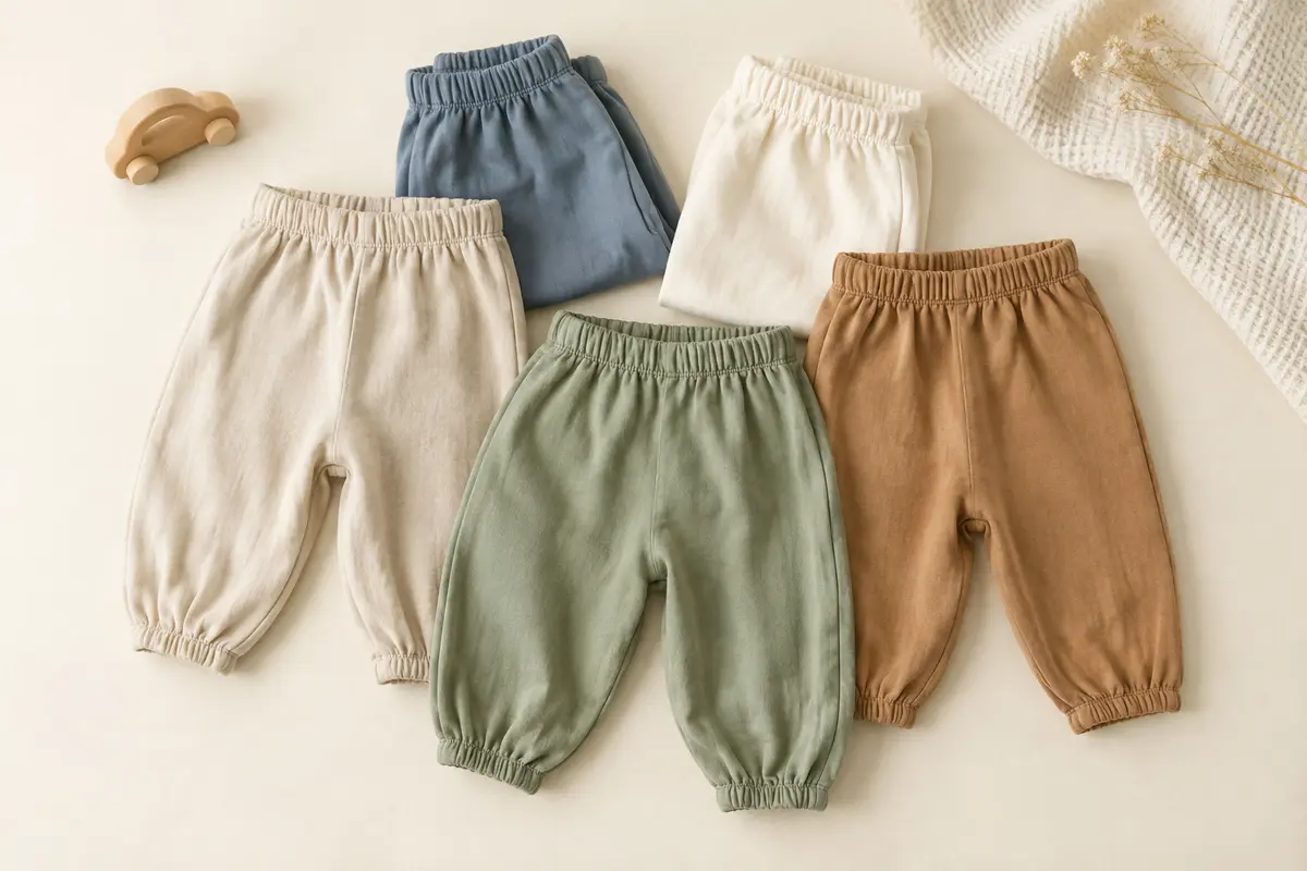 Lot de cinq pantalons bébé en coton pliés sur un fond crème avec une touche de bois clair