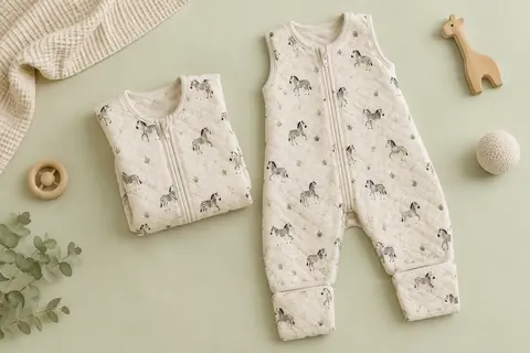 Deux gigoteuses bébé matelassées à jambes avec rabats de pieds et motif zèbre sur un fond clair