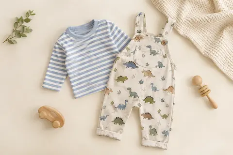 Ensemble bébé avec haut à manches longues rayé bleu et pantalon salopette à motif dinosaure, posé à plat.