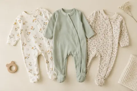 Lot de trois pyjamas bébé en coton à manches longues, pieds intégrés et motif floral