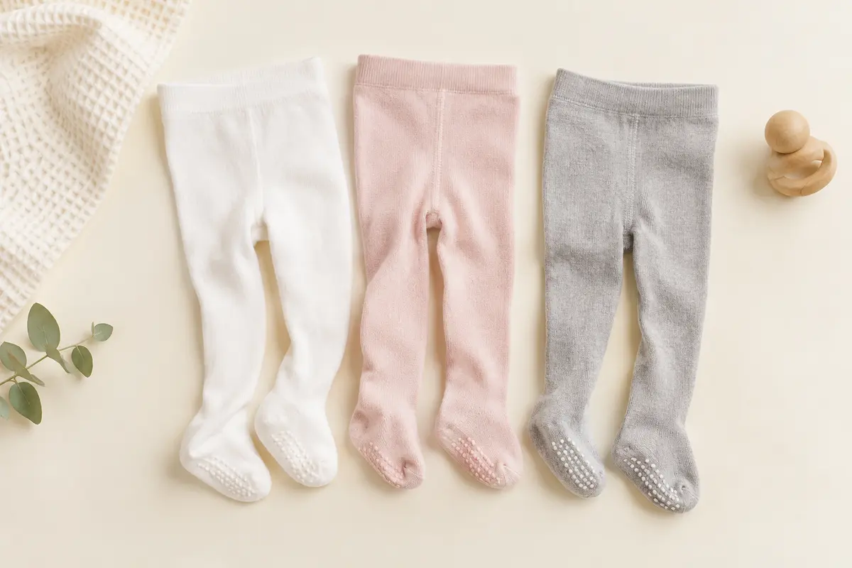 Trois collants unis pour bébé, blanc, rose et gris, avec semelles antidérapantes