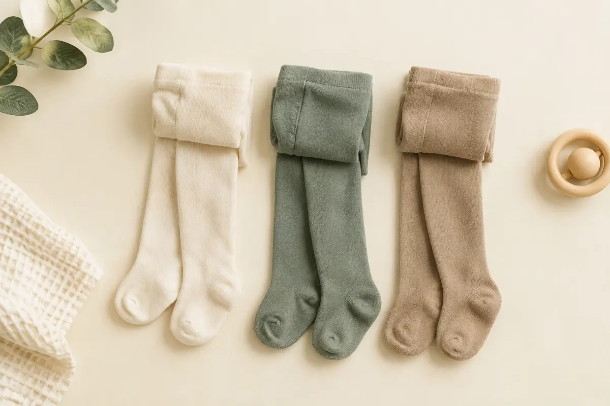 Trois paires de collants opaques pour bébé, pliées sur un fond crème avec un tissu gaufré
