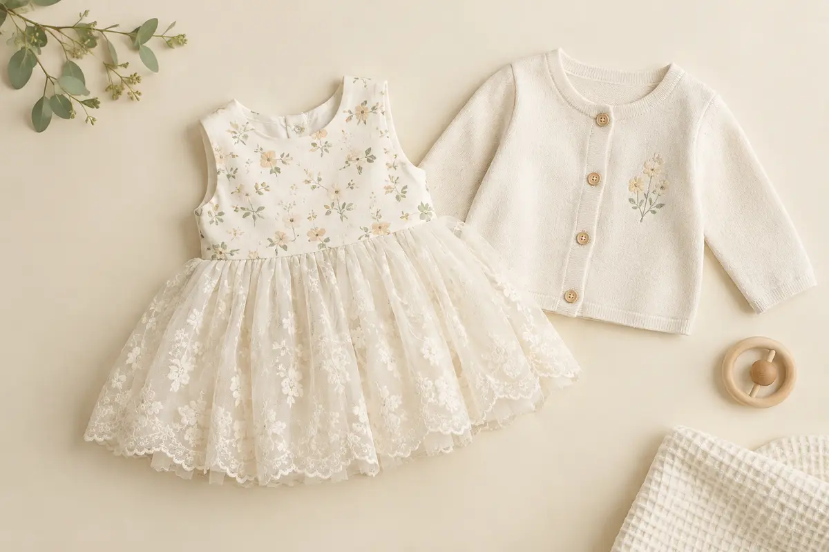Robe tutu blanche sans manches à fleurs et cardigan à boutons présentés à plat sur un fond crème