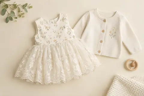 Robe tutu blanche sans manches à fleurs et cardigan à boutons présentés à plat sur un fond crème