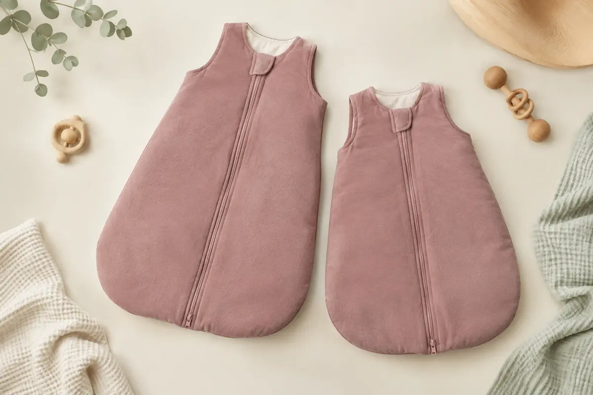 Deux gigoteuses bébé en coton baie rose, à coupe ample et fermeture éclair, posées sur un fond crème clair.