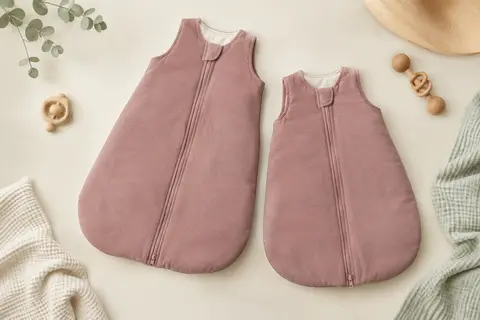 Deux gigoteuses bébé en coton baie rose, à coupe ample et fermeture éclair, posées sur un fond crème clair.