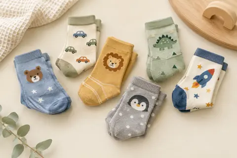Lot de chaussettes enfant à motifs dessin animé colorés, pliées sur un fond crème et vert sauge