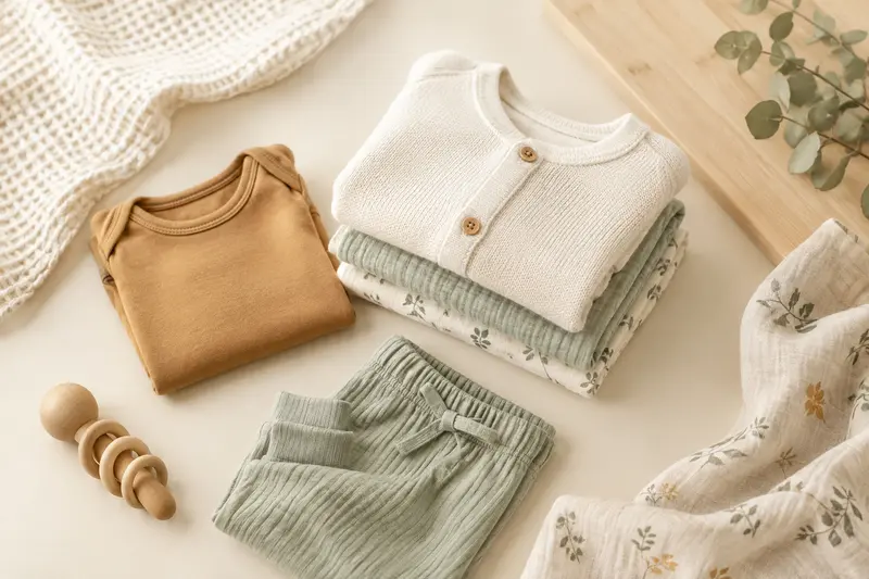 Vêtements pour bébé pliés et matières textiles présentés dans une lumière douce