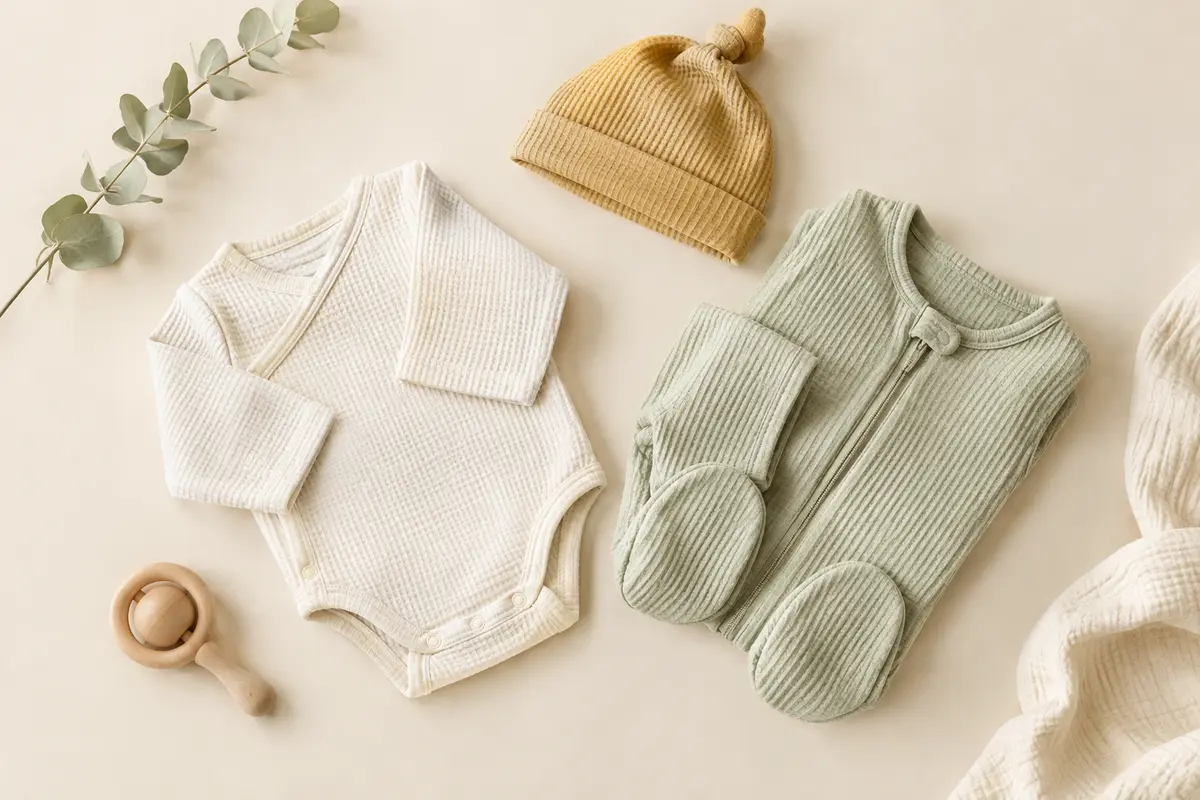 Body, pyjama et bonnet pour bébé pliés dans une ambiance douce aux tons ivoire et vert sauge